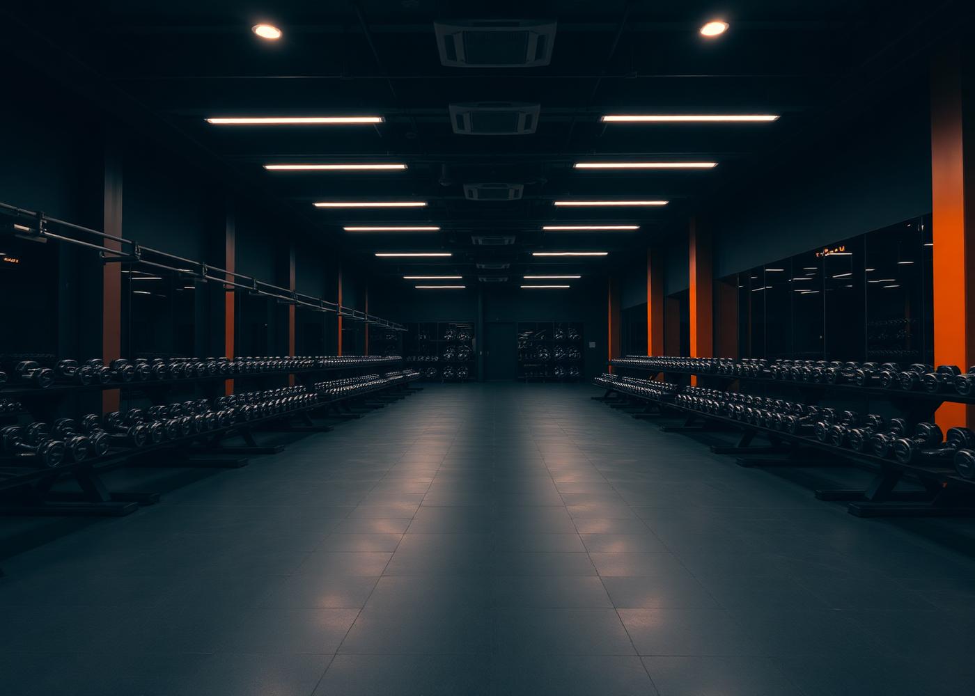 The IronCore Fitness training floor with dumbbell racks and accent lighting